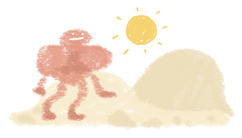 A drawing of a large-chested red man standing in the desert.