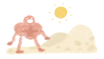 A drawing of a large-chested red man screaming among the sand dunes.