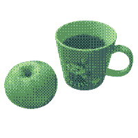 A green dithered image of an apple and a mug of coffee.