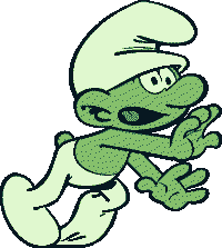 A green dithered image of Clumsy Smurf tripping over his own foot.