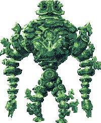 A green dithered image of Mineru's Construct, a large wobbly mech.