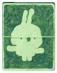 A green dithered image of a journal spread showing a drawing of a bunny.