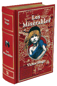A dithered image of a beautiful red tome: Les Mis.