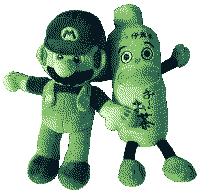 A green dithered image of a plush Mario and Oi Ocha mascot toy together.