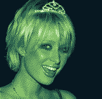A green dithered image of Paris Hilton, with an open-mouthed expression of joy on her face.
