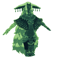 A green dithered image of Rauru, t-posing.