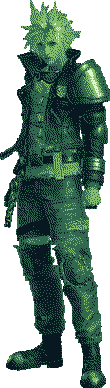 A green dithered image of Cloud Strife wearing a leather jacket and jeans.