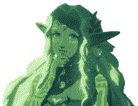 A green dithered image of Sonia the Hylian, appearing to consider something.