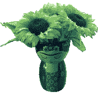A green dithered image of a pot of sunflowers. The pot is a cartoon Frida Kahlo.