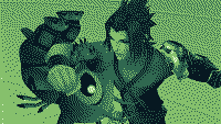 A green dithered screenshot of Terra from Birth by Sleep with Stitch from Lilo and Stitch dangling from his arm.