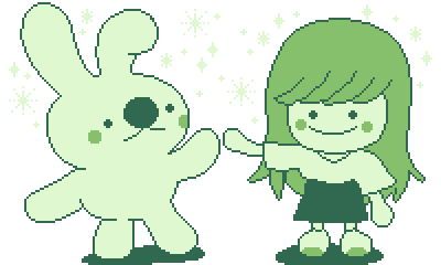 Pixel art of a bunny and a girl, almost touching hands, with stars above them.
