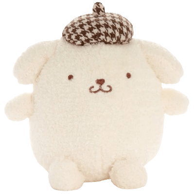 A cute round plush toy of a yellow dog wearing a houndstooth beret.