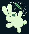 A pixel art drawing of a bunny and a pencil surrounded by stars.