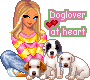 A girl sits happily with three cute little dogs. Text reads: dog lover at heart.