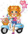A pixel doll girl sits on a scooter with a small dog. Animation shows her blowing onto a flower.