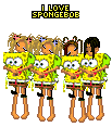 Four pixel dolls are holding identical Spongebobs in their arms. Text reads: I love Spongebob.
