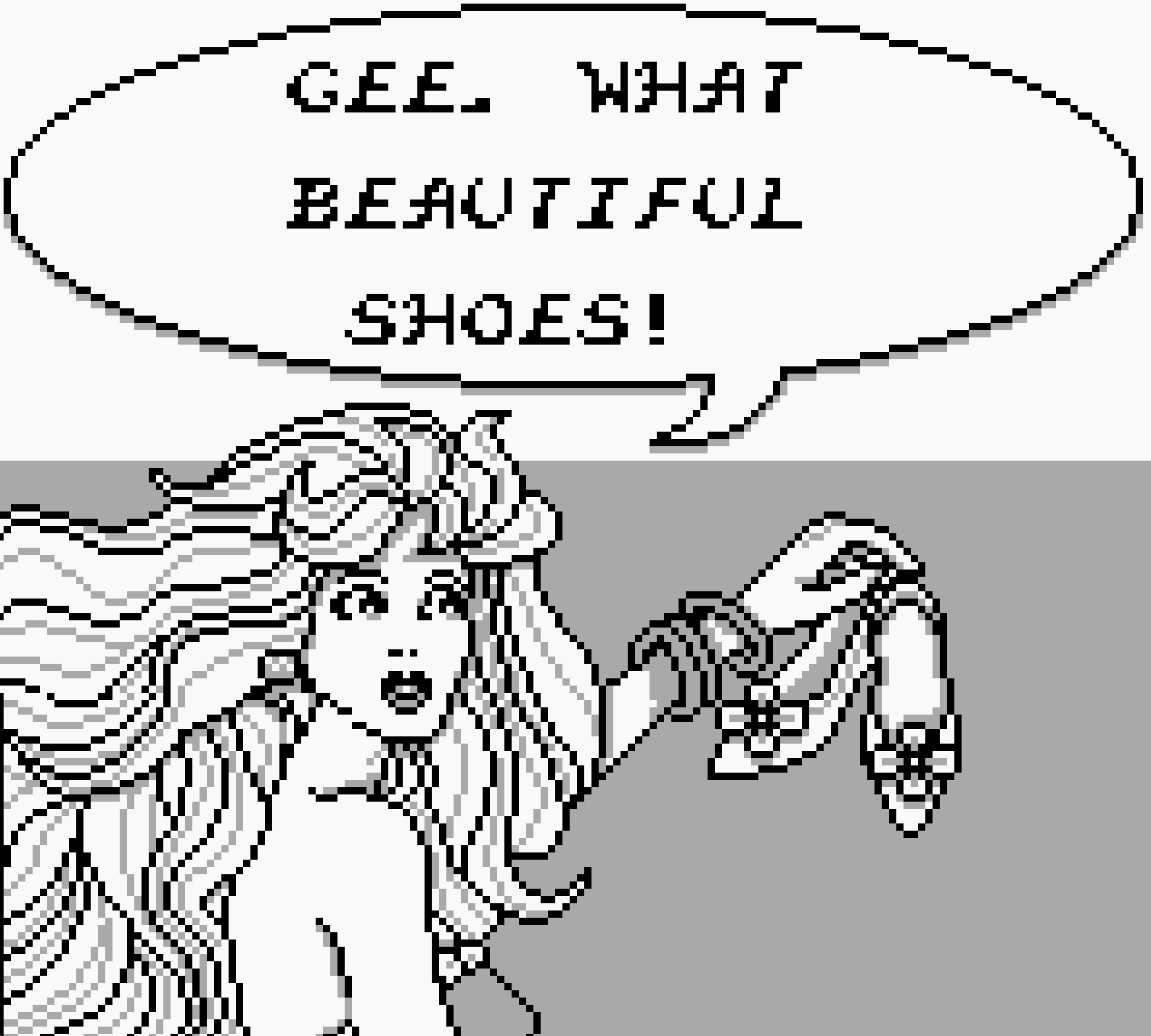 A screenshot from the NES Barbie game. Barbie is holding a pair of shoes and saying, 'gee, what beautiful shoes!'.