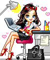 An animated pixel doll image of a girl sitting at her computer desk.