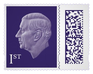 An image of a purple stamp with the likeness of King Charles III.