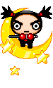 A pixel art animated gif of the boy character from Pucca sitting on a crescent moon and grinning.