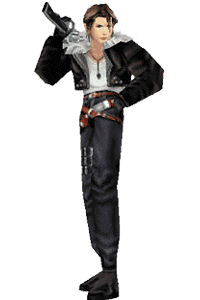 A 3D character model of Squall, the protagonist of Final Fantasy VIII.