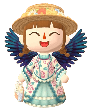 An Animal Crossing Pocket Camp avatar character, wearing a straw hat and dark feathery wings.