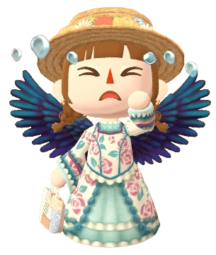 An Animal Crossing Pocket Camp avatar character, wearing a straw hat and dark feathery wings. She is crying.